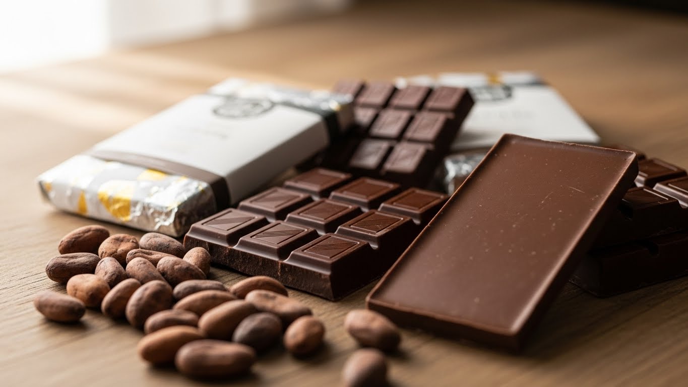 Finished chocolate bars displayed alongside the cacao beans they came from